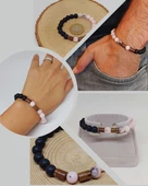 Opal Pembe-Siyah Renk & Oniks Taşı 8mm Unisex Tasarım Bileklik Hawaii Model (42110) thumbnail 1