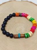 Ahşap Gökkuşağı Renkli & Oniks Taşı 8mm Unisex Tasarım Bileklik Hawaii Model (11124) thumbnail 6