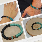 Ahşap Turkuaz Renkli & Oniks Taşı 8mm Unisex Tasarım Bileklik Hawaii Model (11106) thumbnail 1