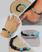 Turkuaz & Oniks Taşı 8mm Unisex Tasarım Bileklik Hawaii Model (4674) thumbnail 1