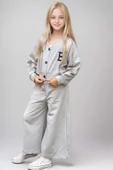 Kız Çocuk Harf Baskılı Düğmeli Kolej Hırka Bol Kesim Paça Gri Eşofman Takım - 1