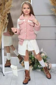 Kız Çocuk İnci Düğme ve Peluş Detaylı Gömlek Pembe Triko Etekli Takım thumbnail 5