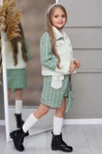 Kız Çocuk İnci Düğme ve Peluş Detaylı Gömlek Yeşil Triko Etekli Takım - 7
