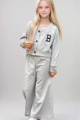 Kız Çocuk Harf Baskılı Düğmeli Kolej Hırka Bol Kesim Paça Gri Eşofman Takım - 3