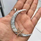 Ayyıldız Otantik Büyük Boy El İşçiliği Gümüş Ay Yıldız Kolye - 3