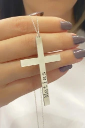 İsimli İsim Yazılı Büyük Boy Haç Cross Gümüş Kolye thumbnail 1