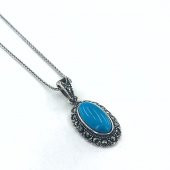 Oval Kesim Firuze Taşlı Markazit Gümüş Kolye - 2