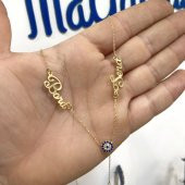 Altın Kaplama İki İsim Ortası Minik Nazar 925 Gümüş Kolye thumbnail 3