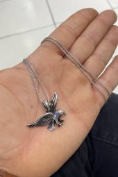 Üç Boyutlu Özel Tasarım Uzun Zincir Kartal Gümüş Kolye - 3