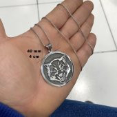 Kurt Başlı Büyük Madalyon 70 cm Uzun Zincirli Gümüş Kolye - 3