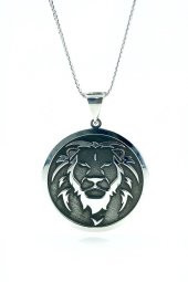 Aslan Başlı Büyük Madalyon 60 cm Uzun Zincirli 925 Gümüş Kolye - 2