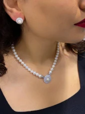 Altın Modeli Düz Şık İnci Kolye Küpe 925 Gümüş Set - 1