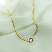 925 Ayar Gümüş Tek Taş Ve Mineli Balık Sırtı Zincirli Serenay Kolye thumbnail 4