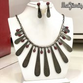 El Üretim Doğal Yakut Taşlı Otantik Gerdanlık Küpe Gümüş Set - 1
