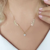 925 Ayar Gümüş İki İsimli ve Kalp Taşlı Kolye thumbnail 4