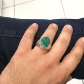 Özel Seri El İşçiliği Doğal Zümrüt Taş Gümüş Erkek Yüzük - 3