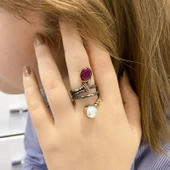 El Üretim Doğal İnci Yakut Taşlı Üst Kalite Otantik 925 Gümüş Yüzük - 1