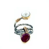 El Üretim Doğal İnci Yakut Taşlı Üst Kalite Otantik 925 Gümüş Yüzük - 3