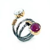 El Üretim Doğal İnci Yakut Taşlı Üst Kalite Otantik 925 Gümüş Yüzük - 2