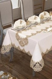 26 Parça Güpürlü Kaktüs Masa Örtüsü Takımı Krem Gold thumbnail 3