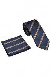 Brianze Vizon Çizgili Lacivert Mendilli Kravat thumbnail 3