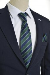 Brianze  Çizgili Lacivert Yeşil Mendilli Kravat thumbnail 1