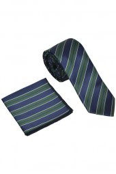 Brianze  Çizgili Lacivert Yeşil Mendilli Kravat thumbnail 3