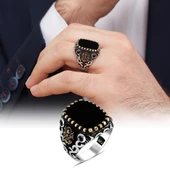 Kare Oniks Taşlı Osmanlı Devleti Armalı 925 Gümüş Erkek Yüzük - 3