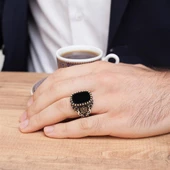 Kare Oniks Taşlı Osmanlı Devleti Armalı 925 Gümüş Erkek Yüzük - 8