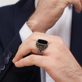 Kare Oniks Taşlı Osmanlı Devleti Armalı 925 Gümüş Erkek Yüzük - 7