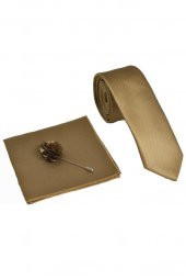 Brianze Gold Kravat Mendil Yaka Çiçeği Set - 3