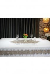 Nilüfer Dikdörtgen Baskılı Masa Örtüsü Krem Bej thumbnail 7