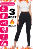 3 Lü Kadın Siyah Termal Havlu Polar Esnek Örme Tayt - 1