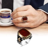 Akik Kırmızı Taşlı Tuğra Desenli 925 Gümüş Erkek Yüzük - 12