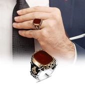 Akik Kırmızı Taşlı Tuğra Desenli 925 Gümüş Erkek Yüzük - 1