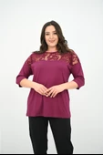 Kadın Büyük Beden Kadife Tül Detaylı Bluz 1856-2 - 1