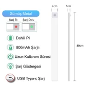 HyMark 40cm Sensörlü Alüminyum USB Şarjlı LED Gece Lambası 3 Renk Kısılabilir Mutfak Dolap Tezgah - 7