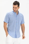 Kısa Kol Dar Kalıp Şile Bezi Tek Cepli Erkek Yazlık Gömlek Mavi 3032 thumbnail 1
