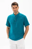 Kısa Kol Şantuklu Pamuk Bodrum Erkek Yazlık Tshirt Petrol 3053 - 1