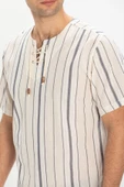 Kısa Kol Şile Bezi Zımbalı Erkek Yazlık Tshirt Ekru Gri Çizgili 3028 thumbnail 3