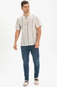 Kısa Kol Şile Bezi Zımbalı Erkek Yazlık Tshirt Ekru Gri Çizgili 3028 thumbnail 5
