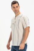 Kısa Kol Şile Bezi Zımbalı Erkek Yazlık Tshirt Ekru Gri Çizgili 3028 thumbnail 4