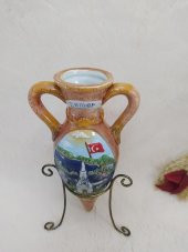Testi Vazo Çiçeklik Amfora Kulplu Ayaklı Vazo Kemer Yazılı Seramik - 1