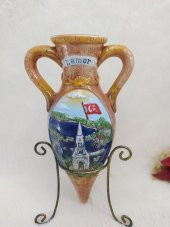 Testi Vazo Çiçeklik Amfora Kulplu Ayaklı Vazo Kemer Yazılı Seramik - 2