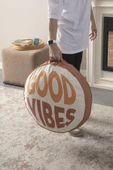 Good Vibes Yazılı Taşınabilir Dekoratif Yuvarlak Yer Minderi Puf 60x60 cm - 2