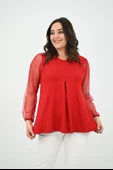 Kadın Büyük Beden Pileli V Yaka Tül Detaylı Bluz 1857-25 - 9