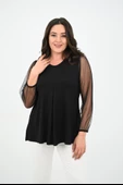 Kadın Büyük Beden Pileli V Yaka Tül Detaylı Bluz 1857-25 - 1