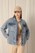 Denim Kumaş Sırtı Nakışlı Kadın Mavi Ceket - 2