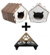 Ahşap Kedi evi Ve Ahşap  mama kabı seti - 1