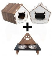 Ahşap Kedi evi Ve Ahşap  mama kabı seti - 2